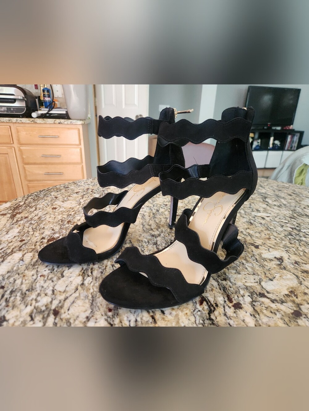 Jessica Simpson Black Wavy Strap High Heel Sandals, Size 7.5